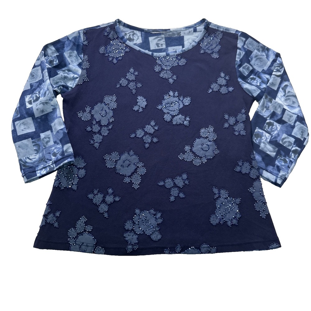 Y2K Artsy Floral Appliqué Top Blue Beaded Detail 3/4 Sleeve Retro Boho M